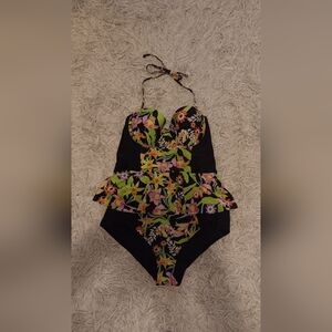Floral Halter Top - Black with Multicolor Flowers